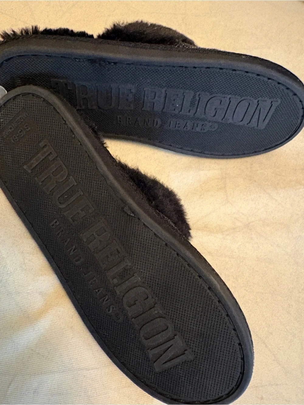 True Religion Black Faux Fur Crystal-Embellished Slip-On Slippers - Picture 5 of 5